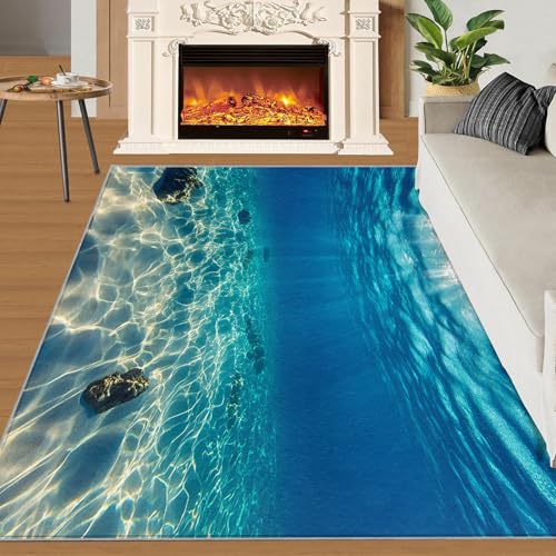 Ocean Beach Area Rug, Blue Sea Waves Polyester Area Rug Non-Slip Carpet Mat for Living Dining Dorm Room Bedroom Home Decorative -(5x7ft)