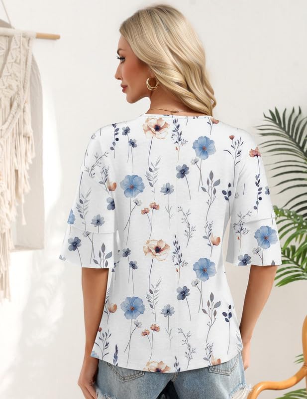 3/4 Length Sleeve Womens Tops Summer V-Neck Blouses Spring Ruffle Sleeve Tunic Casual T Shirts Bell Sleeve Cute Tee - Image 5