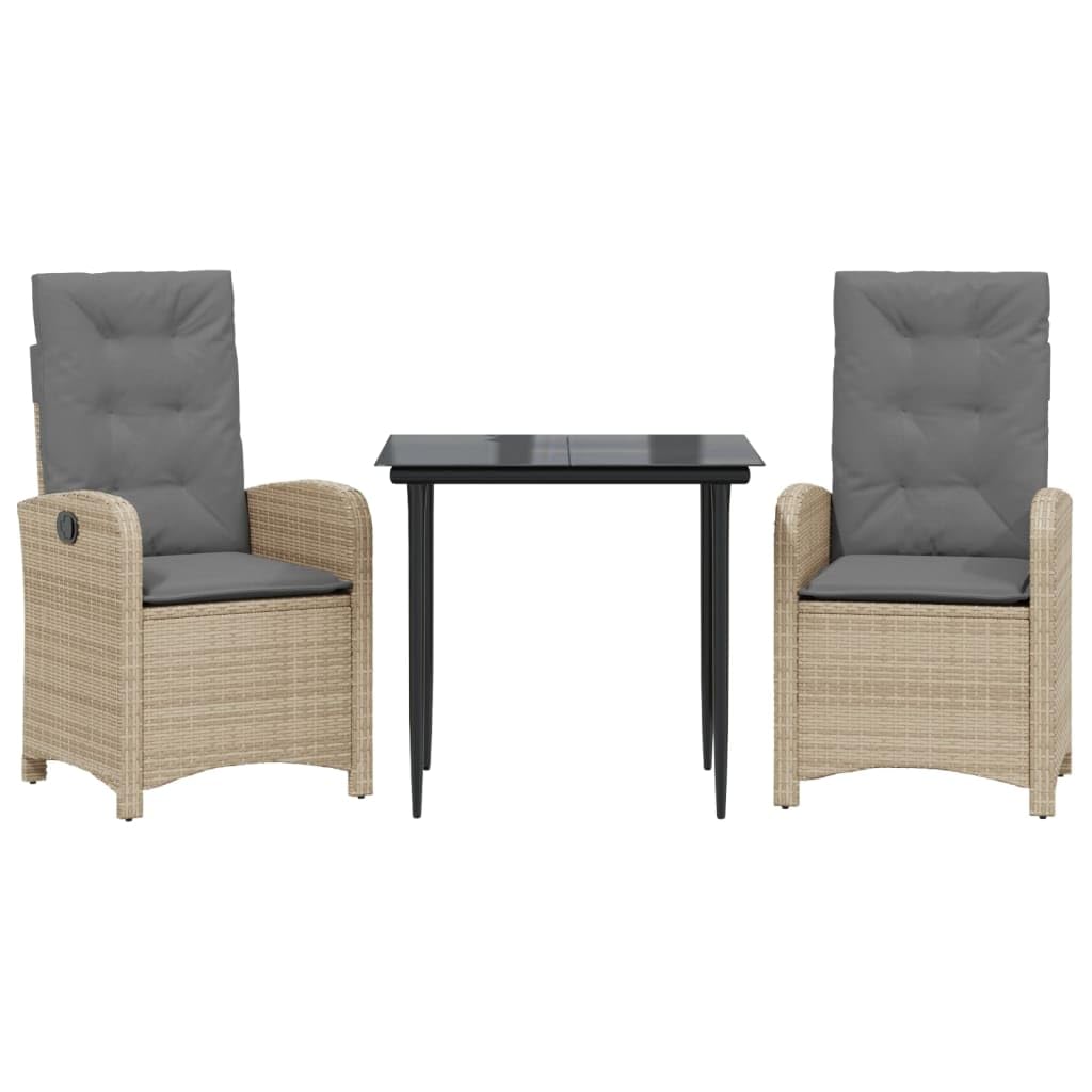 Salon de jardin 3 pièces avec coussins beige en rotin synthétique avec dossier réglable, coussins d'assise rembourrés épais, housses amovibles et lavables, plateau en verre