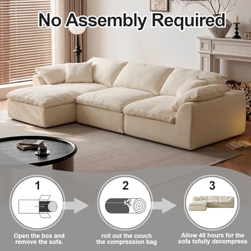 Image of Cloud Couch Sectional for Living Room, Modular L Shaped Boneless Sofa with Chaise, Compressed No Assembly Couch, Deep Seat Chenille Upholstered Convertible Sofa Bed(Pearl White)