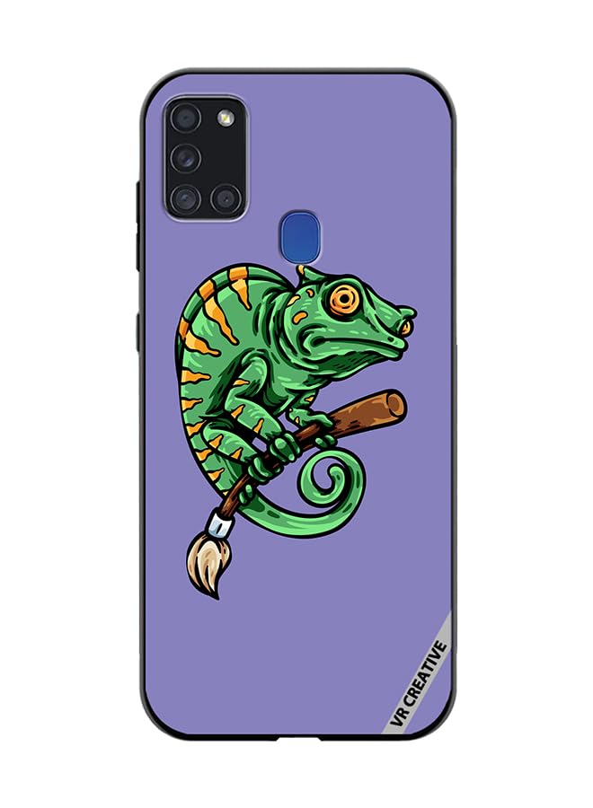 VR CreativeProtective Case Cover For Samsung Galaxy A21s Chameleon On Broom Design Multicolour