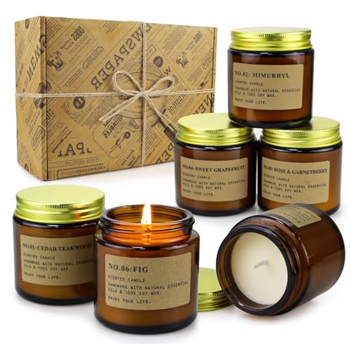 YMing 6Pcs Duftkerzen im Glas, Geburtstagsgeschenk für Frauen 600 g, Brenndauer 150 Std, Natürliches Sojawachs Duftkerze Set für Weihnachten, Bad Spa Meditation