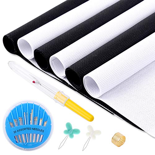 6 Pcs Cross Stitch Fabric, 14 Count Cloth Cross Stitch Embroidery Fabric Embroidery Material Included Sewing Needles,Thimble and Threader(Black+White)