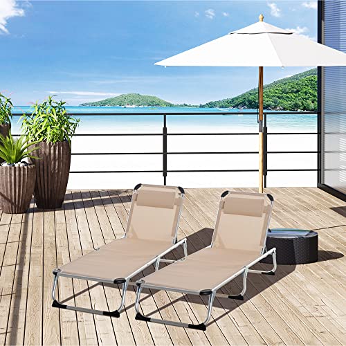 Outsunny 2 Pieces Foldable Outdoor Sun Lounger With Pillow, 5-Level Adjustable Reclining Lounge Chair, Aluminium Frame Camping Bed Cot, Khaki - 2