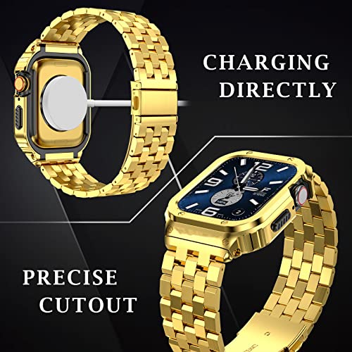 SUPLINK Stainless Steel Case with Band Compatible with Apple Watch Strap Series 9 8 7 45mm Metal Rugged Protector Cover for iWatch Men (Gold) - Image 2
