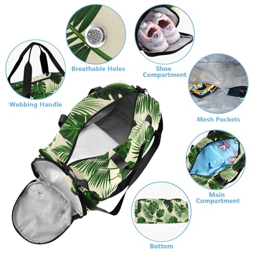 Palm Leaf Beige Kids Travel Duffel Bag for Boys Girls Overnight Weekend Tote Bag with Shoes Compartment for Beach Swim Trip4