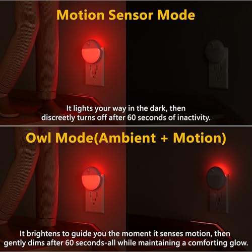Image of YUNLEX 2 Pack Plug in Red Sleep Night Light with Motion Sensor and Dusk to Dawn Sensor, 3 Modes, Soft Glow, 0% Blue Light True Red, Dimmable, LED Lights for Bedroom, Sleep, Kids, Bathroom, Hallway
