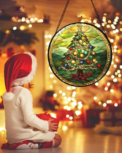 Image of DASTOLL Stained Glass Window Hanging - Green Christmas Tree Gold Ribbon Suncatcher for Doors Home Christmas Decoration Sun Catcher Thanksgiving New Year Birthday Gifts for Women Men Mom Nana 15 in