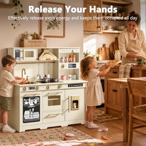 Kinder King Wooden Kids Play Kitchen w/Sounds, Storage, Accessories, Beige - 3