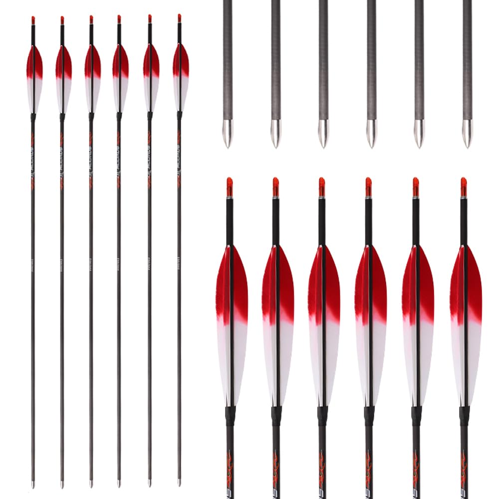 12 Stück ID 4,2 mm Rot Weiß Farbverlauf Putenfeder Pfeile Spine 300 350 400 500 600 700 800 900 1000 1100 1300 1500 1800, für Bogenschießen Übung & Jagd