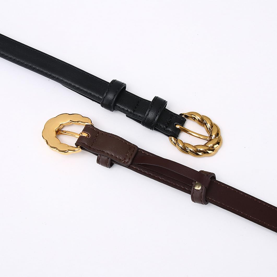 Genérico Mujer Cinturón Ajustado Costuras Cinturones Hebilla De Púas Trenzado Dorado 1,8cm De Ancho Correa De Piel De Vacuno Fina(95cm/37, Black)