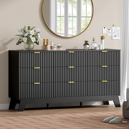 Image of Wodeer 9 Drawer Fluted Dresser for Bedroom, Mid Century Modern Dresser with 9 Drawers, Dressers & Chests of Drawers with Metal Handle, TV Stand & Storage Organizer for Entryway, Hallway, Black