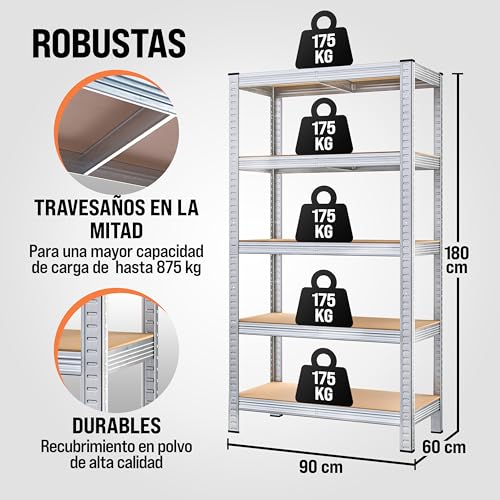 Miniatura 2 de Monzana Estanterias Almacenaje, Metalicas Galvanizadas, 180x90x40cm, Modular, 5 Estantes Baldas Ajustables, Carga 1750 Kg, Hogar, Trastero, Garaje, Cocina, 2 Unidades