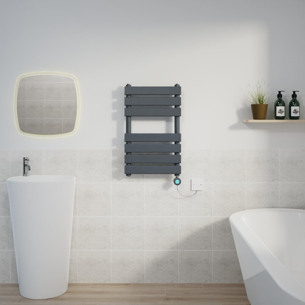 Warmehaus Sand Grey 650X400mm Designer Flat Panel Electric Heated Towel Rail Thermostatic Timer Bathroom Towel Radiator 400W