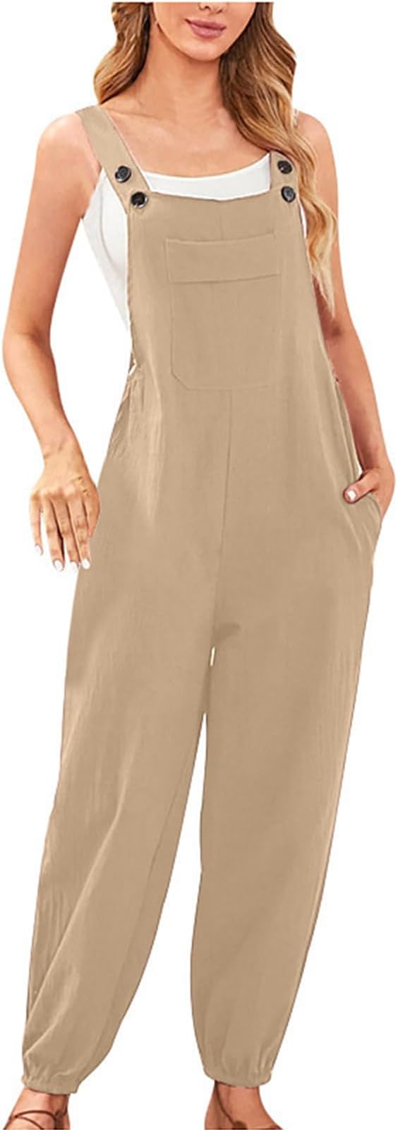 utcocoWomens Casual Loose Fit Overalls Tapered Leg Cotton Linen Sleeveless Jumpsuits with Pockets