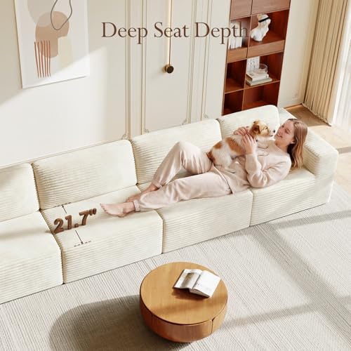 Image of Vesgantti 159 inch Modular Sectional Sofa, Corduroy Cloud Couch with Extra Deep Seats & Spring Support, Flexible Layout 4-Seater Boneless Couch, No Assembly Required, Beige