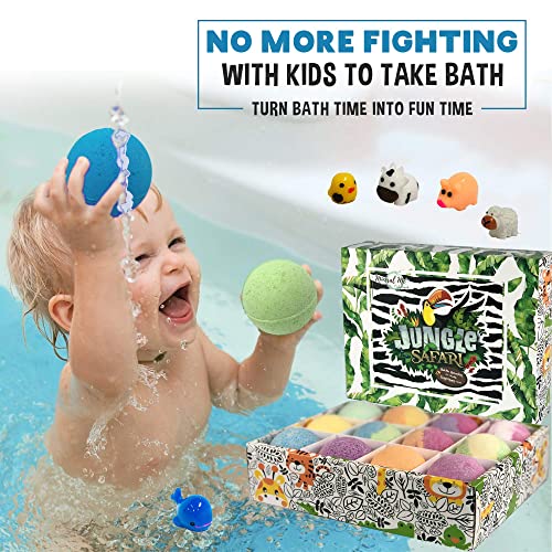 Bath Bombs for Kids with Toys Inside - Set of 12 Organic Bubble Bath Fizzies with Jungle Animal Toys. Gentle and Kids Safe Spa Bath Fizz Balls Kit. Birthday or Christmas Gift for Girls and Boys