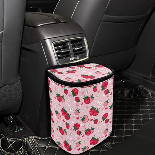 Image of KEIAHUAN Pink Strawberry Car Trash Can Hanging Cute Detachable Garbage Bag for Back Seat Foldable Multipurpose Trash Bin Container Storage Suitable for Sedans, SUVs, Vans