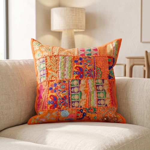Image of Ravaiyaa - Attitude is everything Set of 5 Handmade Khambadiya Patchwork Cotton Cushion Cover 16X16 Inch | Decorative Cotton Throw Pillow Covers | Bohemian Vintage Embroidered Sofa Cushions
