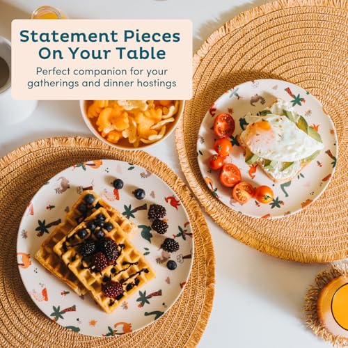 Nook Theory 4 Pack Reusable Bamboo Plates - Non-Toxic Toddler and Kids Plate, Dishwasher Safe, Not Microwavable Dinnerware (Dino 8")