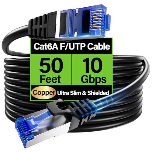 TuokaJu Cat6A Ethernet Cable Shielded 10Gbps 50 ft Slim Shielded (F/UTP) Ethernet Cable Cat 6 Flexible 28AWG Bare Copper Cat6 Cable Space-Saving Cat 6a Network Cable for Server Data Center Black