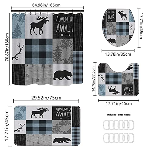 Jefuzh 4Pcs Retro Rustic Lodge Bear Moose Deer Shower Curtain Sets With Rugs,Toilet Lid Cover Carpet And Bath Mat, Bathroom Theme Set With Shower Curtain And 12 Hooks #TOP4