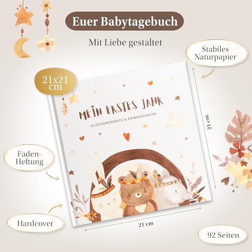 EULENTALER® Das Original Babytagebuch Boho I Von Pädagogen gestaltet I Mit süßen Waldtieren & stabilem Papier I Viel Platz für Fotos I Babyalbum Mein erstes Jahr – Geschenk zur Geburt & Babyparty