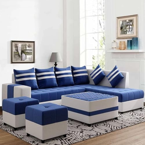 Image of FURNY Stolan 8 Seater Fabric RHS Sectional L Shape Sofa Set with Centre Table & 2 Puffy- (Blue-Light Grey)