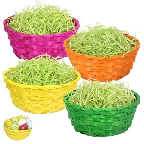 HGRGHH 4 Stück Osterkörbchen mit 100g Ostergras Grün Osternester zum Befüllen Korb Geflochten Bunte Bastkörbe 19 x 8.5cm Weidenkörbchen Basteln für die Ostereiersuche Party der Kinder