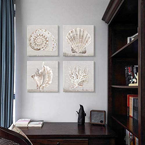 JAPO ART White Sea Shells Pictures Coral Wall Decor Beach Canvas Wall Art Vintage Seashell Giclee Print on Canvas Coastal Artwork Framed for Living Room Bedroom Walls 12x12Inchx4pcs - Image 4