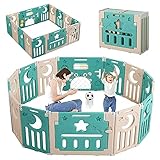 Baby Playpen, Dripex 14-Panel Foldable Kids Playpen Safety Playard/Non-Slip Rubber Bases/Adjustable Shape/Portable Design Baby Fence Play Pen for Indoor Outdoor Use (Green + Brown)
