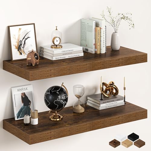 Image of 36Inch Floating Shelves for Wall, 12 Inch Deep Shelves for Bedroom, Kitchen, Bathroom Wall Mounted, Rustic Wood Floating Shelf with Invisible Brackets for Books, Storage, Decor, Rustic Brown, 2 Packs