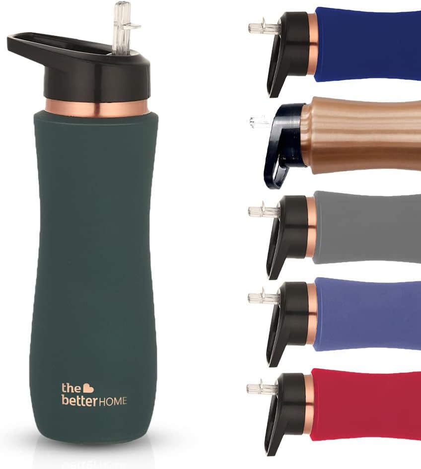 The Better Home Copper Water Bottle with Sipper (700ml), 100% Pure Copper Bottle, Sipper Water Bottle for Adults, BPA Free & Leakproof with Anti Oxidant Properties of Copper (Green)