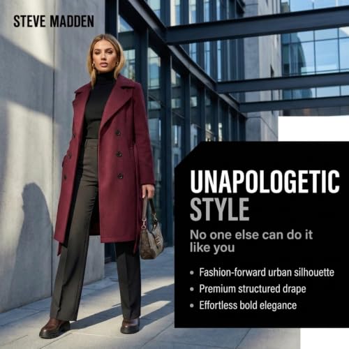 Image of Steve Madden Trench Coat for Women - Double-Breasted Long Winter Faux Wool Coat