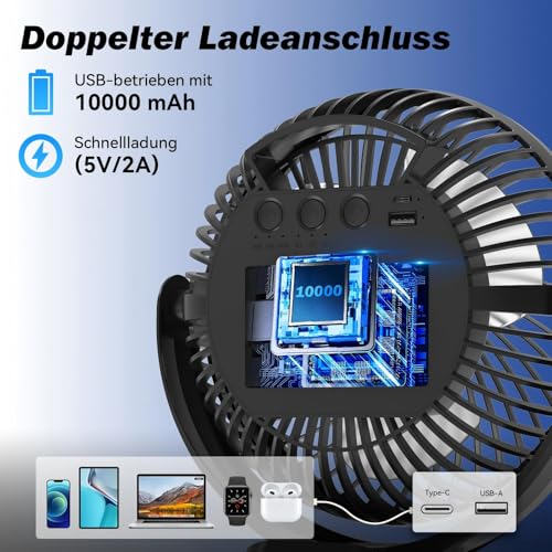 Ateroll 10000mAh Clip Ventilator mit Fernbedienung, 20CM 3 Geschwindigkeiten USB Ventilator Akku mit Timer&LED-Lichtern,360° drehbarer batteriebetriebener Tischventilator für Zuhause,Büro und Camping 6