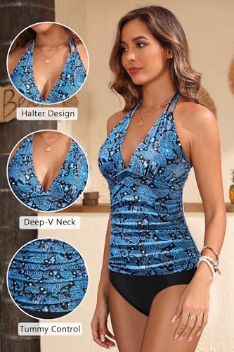 Image of Yonique Women's Halter Tankini Top V Neck Swim Top Tummy Control Bathing Suit