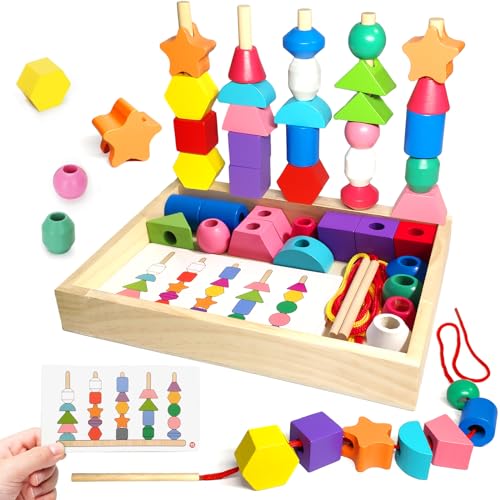 Montessori Wooden Beads Sequencing Toy Set Sorting Stacking Blocks & Lacing Beads & Shape Matching Stacker for 2 3 4 5 Years Kids Preschool Learning Fine Motor Skills Toys Gifts for Toddler Boy Girl