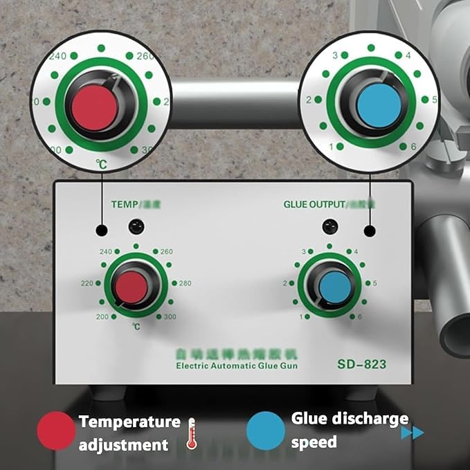 Pistola de pegamento termofusible eléctrica con pedal, 400 W, temperatura ajustable.