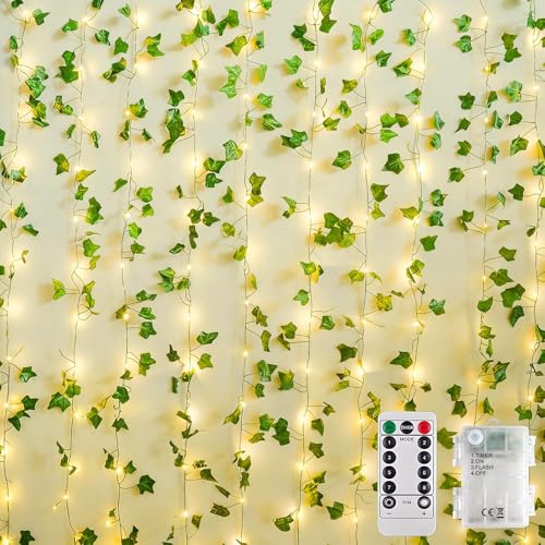 Dekofun Efeu Lichterkette Batterie,10M 100 LED Efeu Künstlich mit Fernbedienung, Timer, 8 Modi Lichterkette, Fake Efeu Girlande für Zimmer Balkon Aesthetic Room Wand Frühling Innen Outdoor Deko