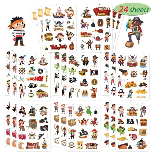 24 Sheets Pirate Stickers, Pirate Themed Stickers Variety Pack for Kids Scrapbooking, Pirate Party Favors Decorations, Pirate Stickers for Water Bottles Laptop Computer Phone