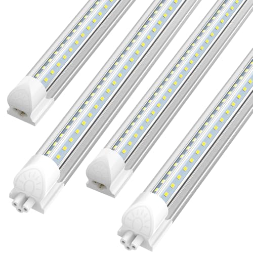 (Pack of 4) Linkable LED Utility Shop Lights for Garage, 6FT, 60W, LED Tube Ceiling Light T8 Integrated Single Fixture, 6000K, 8000LM Daylight V Shape, Basement, Offices, Clear Lens, Plug and Play
