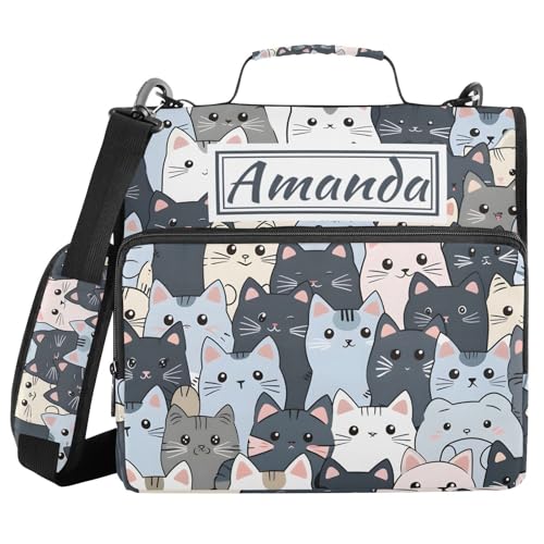 Image of Custom 3 Ring Zipper Binder Cat Cute Blue Personalized Name 1.5 inch Binders Large Capacity Multi Pockets for School Office Supplies