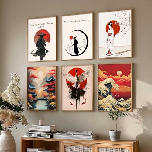 Image of HOTHOUSE Japanese Samurai Motivational Art Wall Framed Posters | Aesthetic Japanese Art Framed Poster for Living Room Bedroom Gaming Room Studio Wall Decor Set Of 6 (10X13 inch)