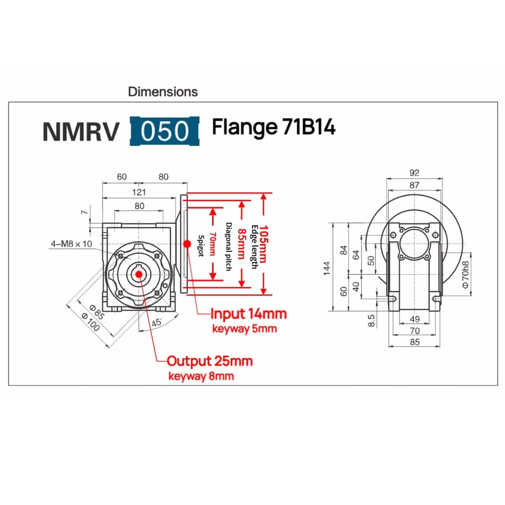 NMRV050 Schneckengetriebe-Drehzahlminderer 71B14 Rundflansch mit 14 mm Eingangswelle 25 mm Ausgangsbohrung Achsenspiel(Ratio 50 to 1)