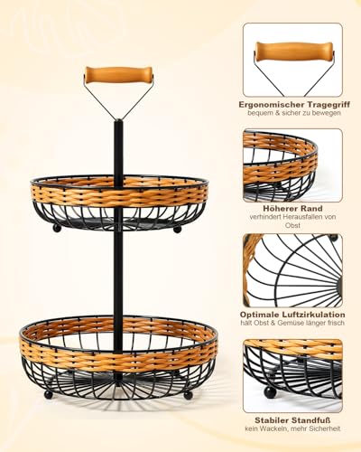 Frutero de ratán de 2 niveles con cestos extraíbles y elegante acabado negro de 45 cm 5