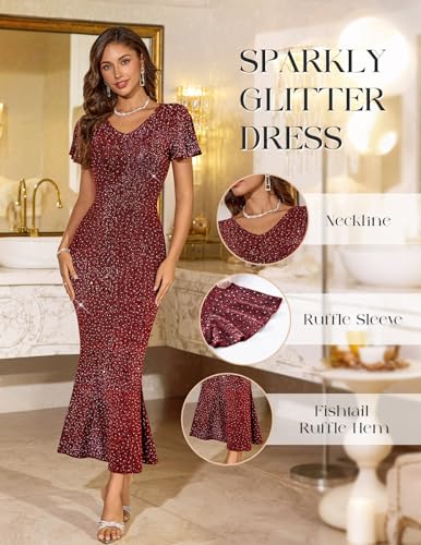 DRESSTELLS Womens Cocktail Sequin Wedding Guest Dresses, Glitter Sparkly Fall Evening Party V-Neck Long Prom Dress3