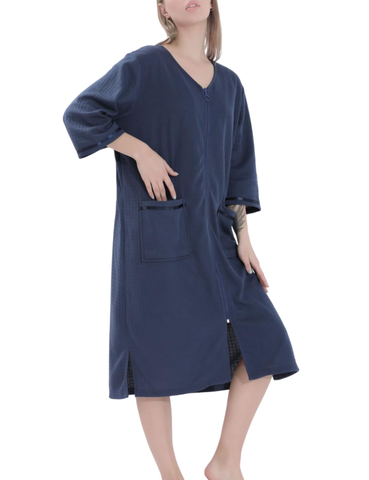 JlowesunBathrobe Waffle Pique Women's Thin Light Medium and Long Bathrobe Women with Pockets, Morgenstern Bathrobe Women, Suitable for Sauna, Home, Travel etc.