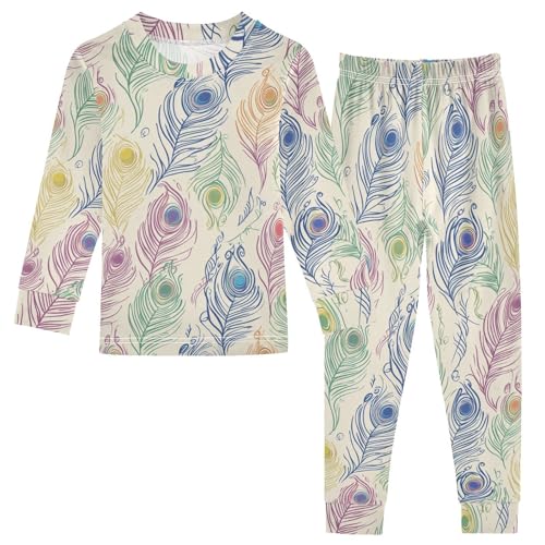 Fustylead Colorful Hand Draw Peacock Feathers Pajamas Cotton Sleepover PJ Set Long Sleeve Lounge Wear
