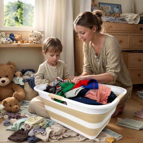 Image of SAMMART 42 (11 Gallons) Collapsible Plastic Laundry Basket, Foldable Pop Up Storage Container /Organizer, Space Saving Hamper, Portable Bin for Dorm Room Bathroom (2, White /Beige)