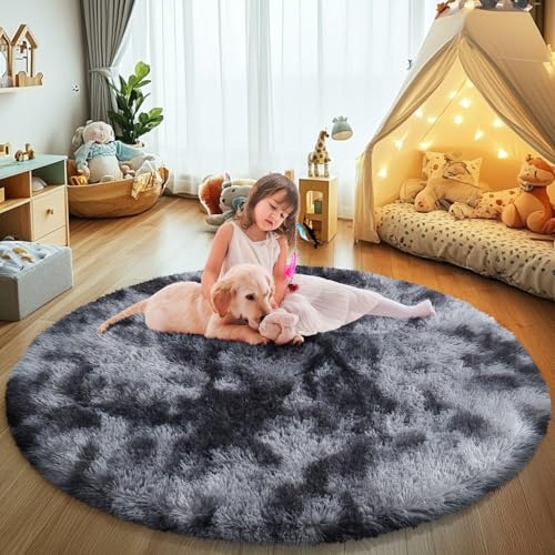 Tie-Dyed Black Fluffy Round Rug,Soft Area Rugs for Girls Room,Shaggy Rugs 4'X4' for Living Room,Non Slip Circle Rug for Kids Bedroom,Shag Plush Nursery Rug,Plush Carpet for Dorm,Cute Furry Room Decor